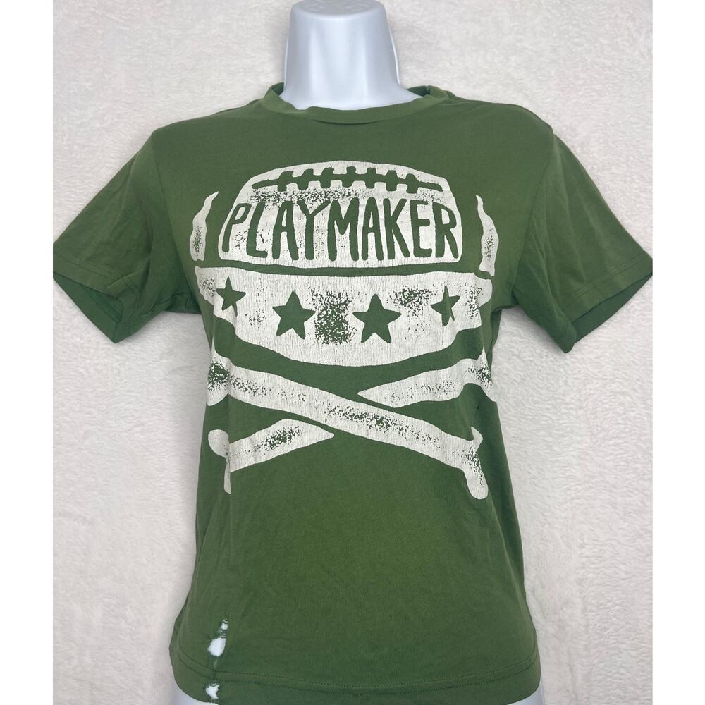 VNTG Old Navy "Playmaker" Green Distressed Baby Tee sz M y2k Rachel Green 90s
